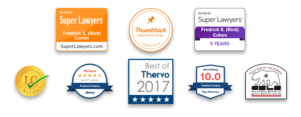 Eight awards and accolades from Super Lawyers, Thervo, Avvo, Lead Counsel, Thumbtack Professional, and the State Bar of California